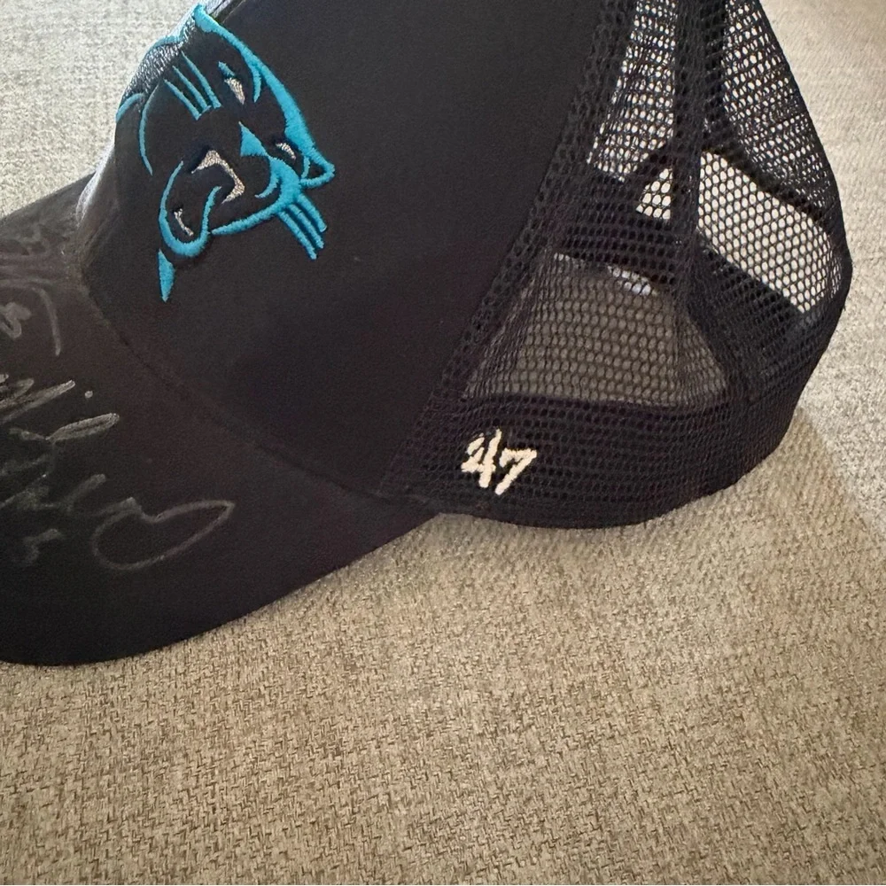 North Carolina NC Panthers Black Trucker Hat with Teal Logo 47 signed autograph